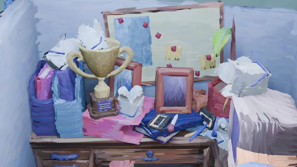 David's desk, cluttered with binders, takeout boxes and a Player of the Game trophy