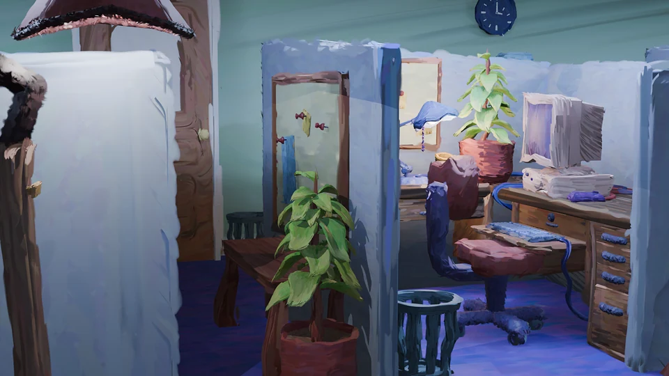 David's cluttered cubicle, painted: a desk with an old computer, a swivel chair and potted plants