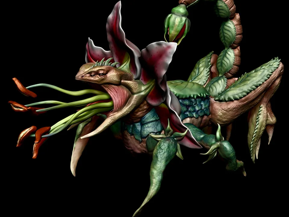 Flower Alien creature render: frilled lizard meets lily