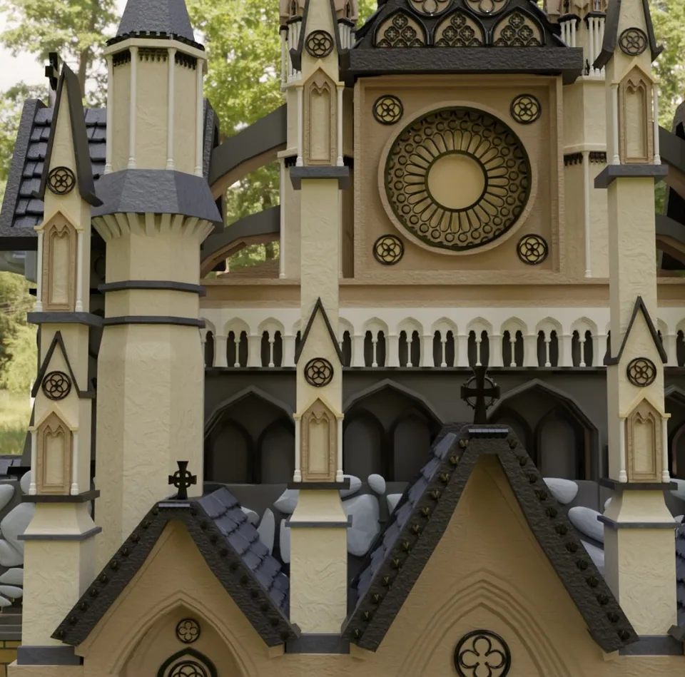 Rose window, towers and roofline detail