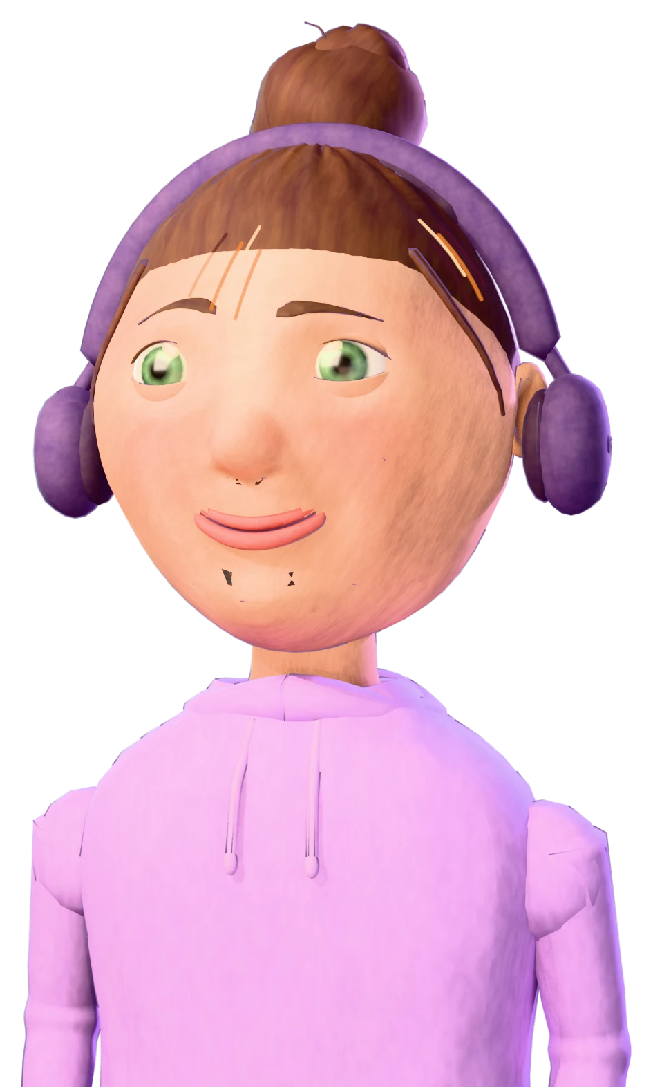 Stylized 3D avatar of Maggie waving in a sky-blue tee