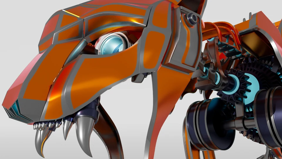 Mech-Animal Tiger, hard-surface sculpt with gear interiors