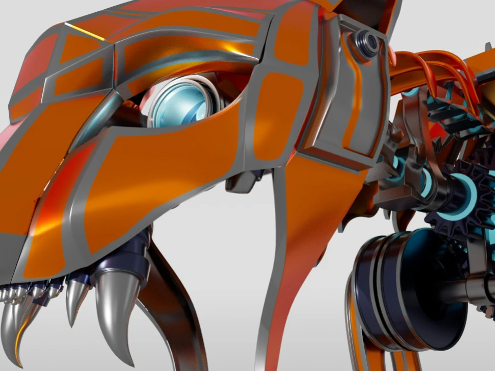 Mech-Animal Tiger, hard-surface sculpt with gear interiors