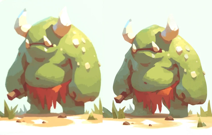 Painted Troll up close: the concept on the left, the 3D version on the right